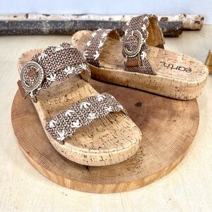 Earth Raffia Double Band Slide Sandals with Buckle Light Brown Size 8.5